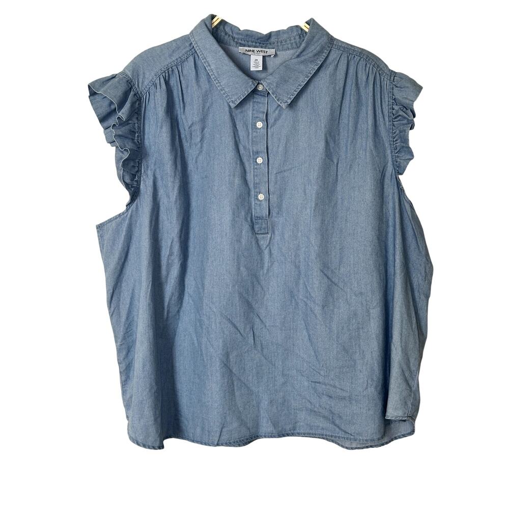 Nine West Jeans Women’s 2X Denim Button-Front Tank Top Ruffled Shoulders Blue